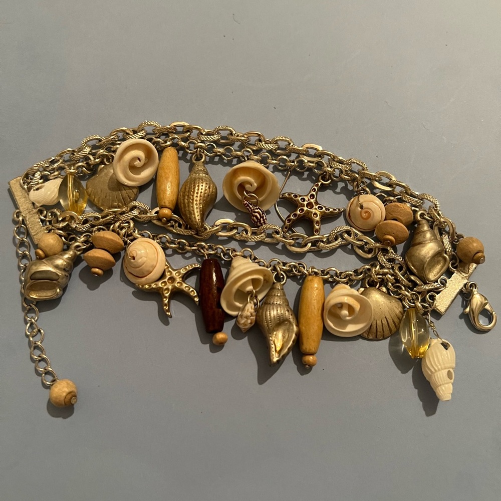 Vintage Silver Seashells Charm Bracelet- Real Shells, Wood Beads, Metal Charms